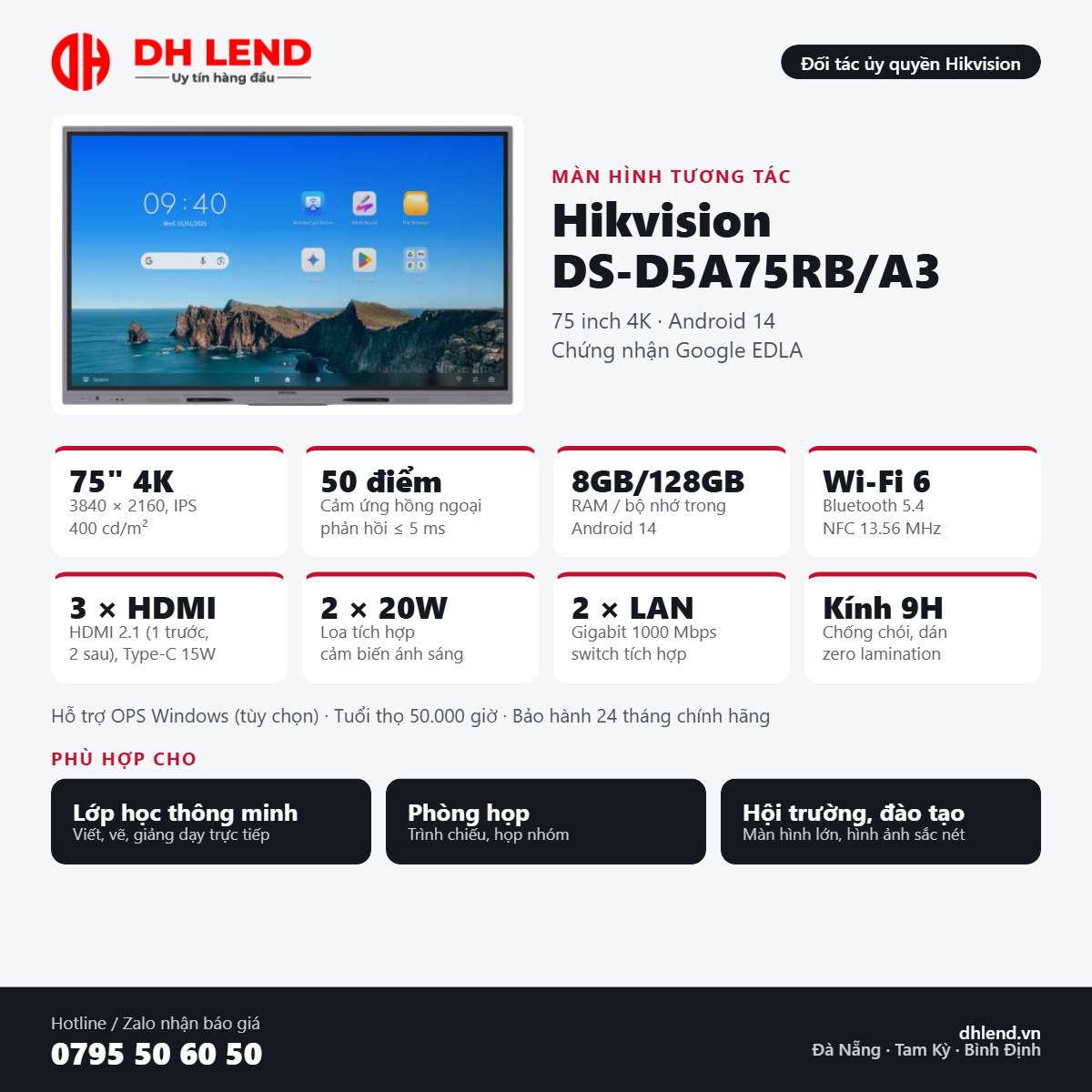Thông số nổi bật màn hình tương tác Hikvision DS-D5A75RB/A3 – DH LEND
